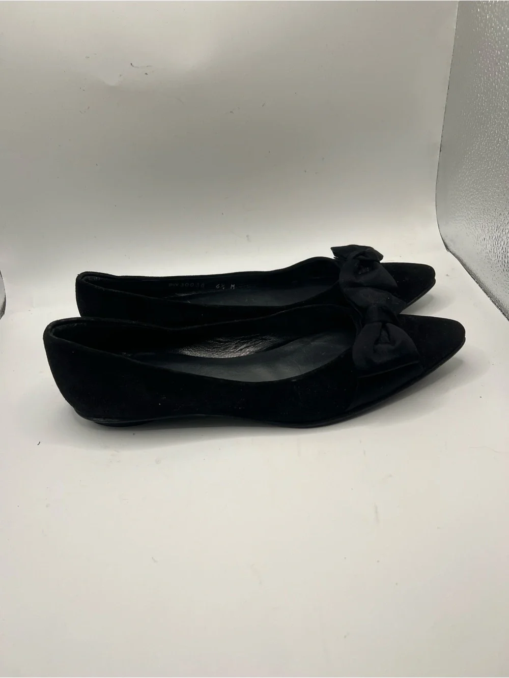 Stuart Weitzman Black Suede Pointed Toe Flats with Bow